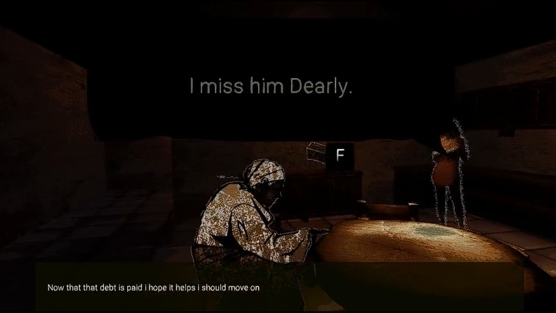 Scène de dialogue sur l'absence d'un proche dans le jeu.