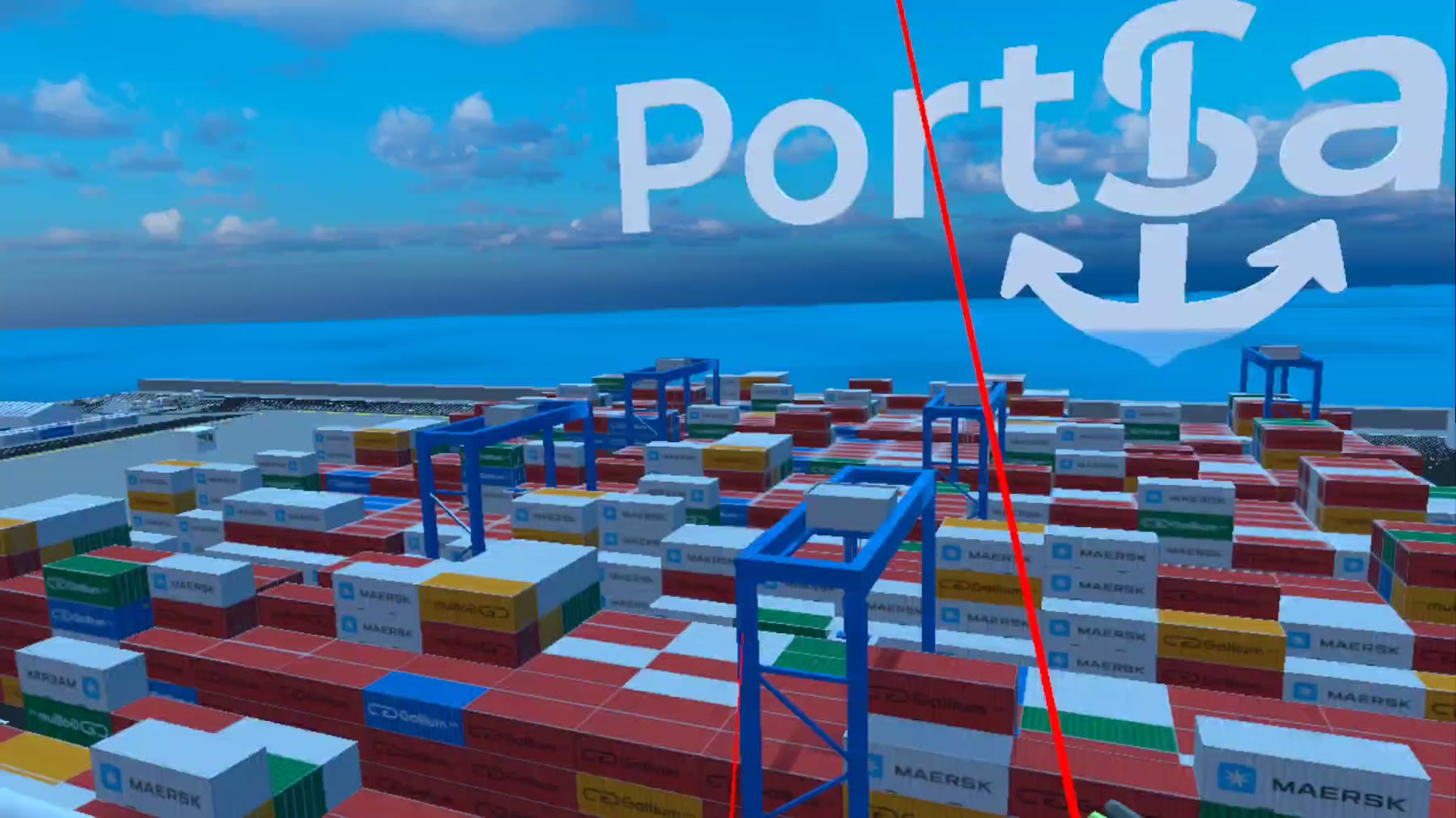 Scène d’environnement portuaire avec zone conteneurs dans PortSafe VR.